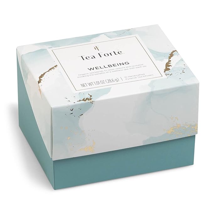 Tea Forte Wellbeing 3-Piece Mother's Day Tea Gift Set with Light Blue Cafe Cup with Lid, Tea Tray and 10 Assorted 2 of Each Variety Organic Handcrafted Pyramid Infuser Tea Bags