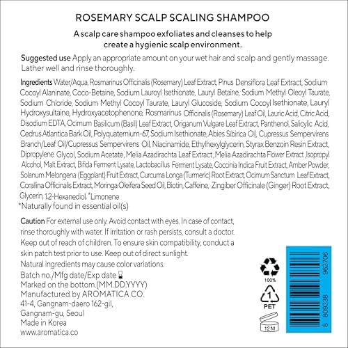 AROMATICA Rosemary Scalp Scaling Shampoo - Korean Hair Care with Thinning Hair Loss Natural Rosemary Essential Oil for Women - Vegan Hair Growth - Free from Sulfate, Silicone, and Paraben (13.53 oz)