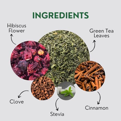 Tealeaf & Co. Sweet Hibiscus Cinnamon Green Tea with Hibiscus, Cinnamon, Stevia & Clove - Organic Green Tea Bags with Fresh Herbs and Spices (Low Caffeine) - 100 Teabags (7.055oz/200gm)