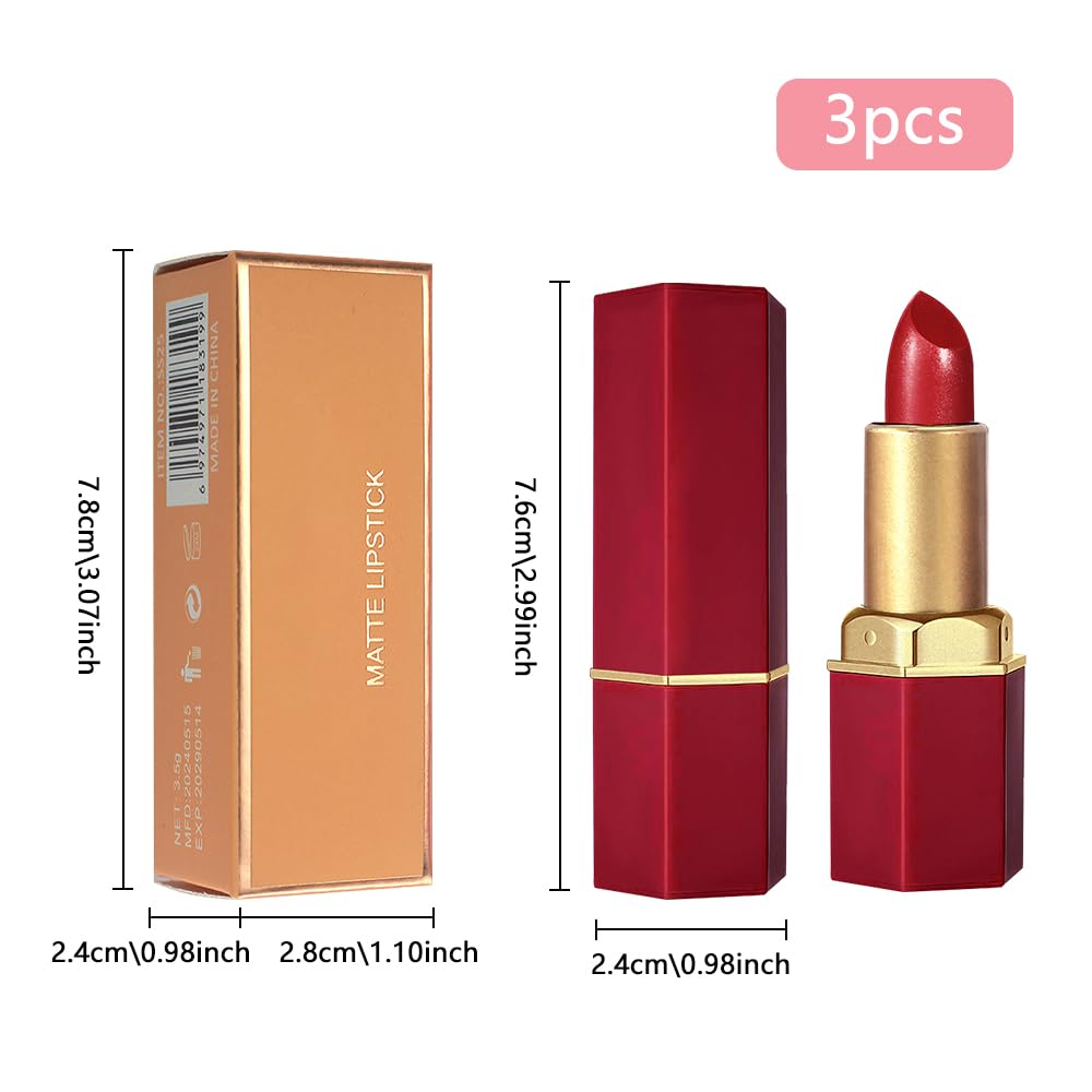 3Pcs Metallic Lipstick for Women,Lightweight Shimmer Frosted Lipstick,Glitter Lip Gloss Stain Long Lasting Waterproof Smudge Proof 24 Hour Full Coverage Lip Makeup,Vegan(10,11,12)