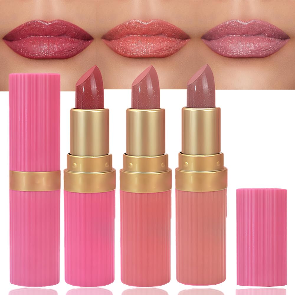 3Pcs Metallic Lipstick for Women,Lightweight Shimmer Frosted Lipstick,Glitter Lip Gloss Stain Long Lasting Waterproof Smudge Proof 24 Hour Full Coverage Lip Makeup,Vegan(01,02,03)
