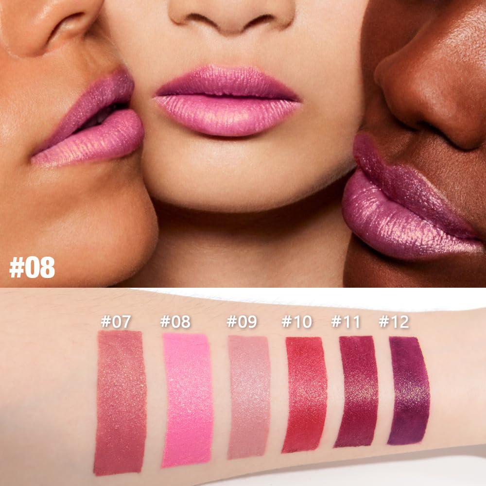 3Pcs Nude Pink Metallic Lipstick Lip Gloss for Women Set,Lightweight Shimmer Frosted Long Lasting Lipstick,Glitter Lip Stain Waterproof Smudge Proof 24 Hour Full Coverage Lip Makeup,Vegan(07,08,09)