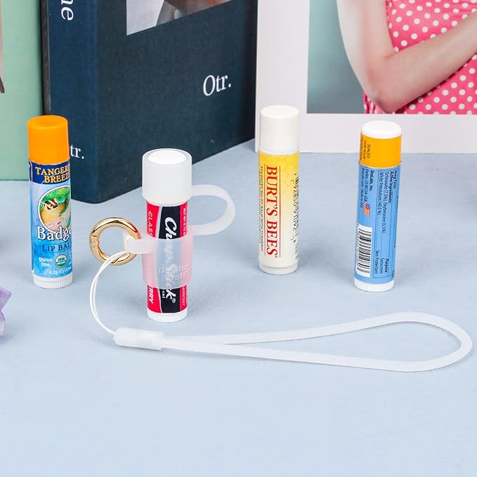 Desing Wish Silicone Lip Balm Holder with Cap Cover Portable Chapstick Holder Keychain Sleeve Lip Balm Key Chain with Key Ring and Wrist Strap Lanyard - Transparent