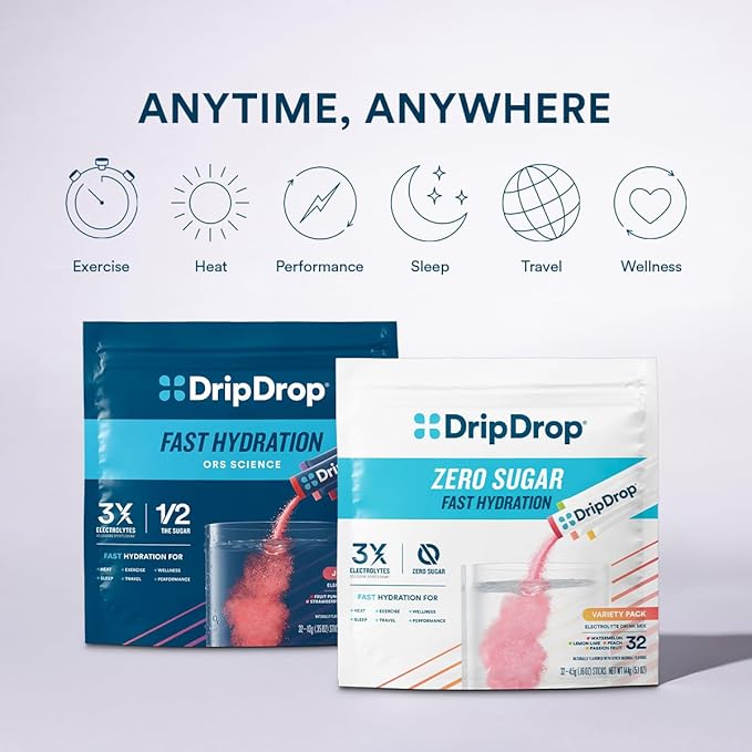 DripDrop Sugar Free Hydration Packets - Zero Passion Fruit - Single Serve Electrolytes Powder Drink Mix - Non-GMO, Gluten Free, Vegan - 32 Sticks