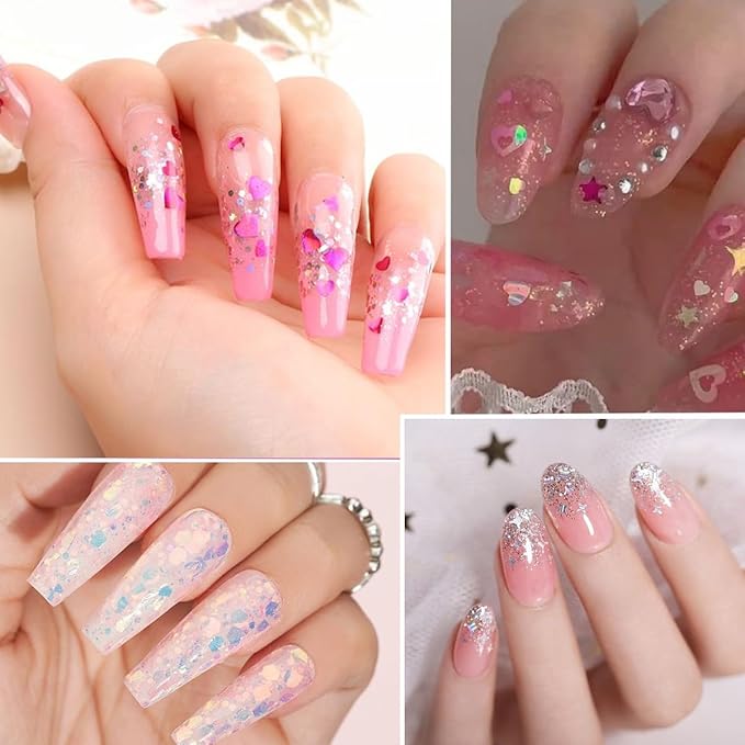 12 Grids Star Nail Art Glitter Sequins Heart Shaped Mermaid Nail Sequins Holographic Mermaid Nail Flakes Sticker Sequin Heart Nail Art Glitter for Women DIY Acrylic Nail Decoration