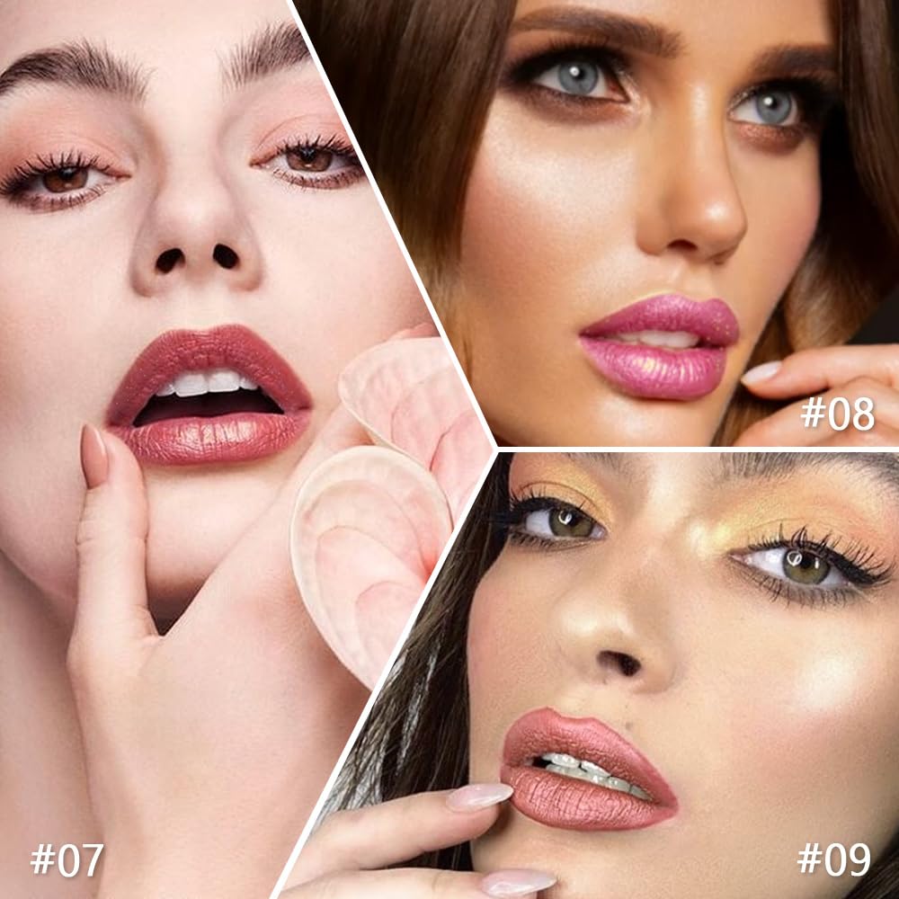 3Pcs Nude Pink Metallic Lipstick Lip Gloss for Women Set,Lightweight Shimmer Frosted Long Lasting Lipstick,Glitter Lip Stain Waterproof Smudge Proof 24 Hour Full Coverage Lip Makeup,Vegan(07,08,09)