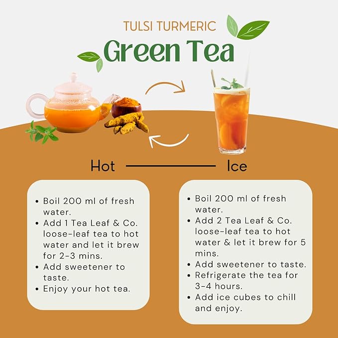 Tealeaf & Co. Turmeric Tulsi Holy Basil Green Tea Loose Leaf - Turmeric, Tulsi & Peppermint Tea Blended with Fresh Herbs & Spices - 50 Servings, Low Caffeine & Gluten Free (3.52oz/100gm)