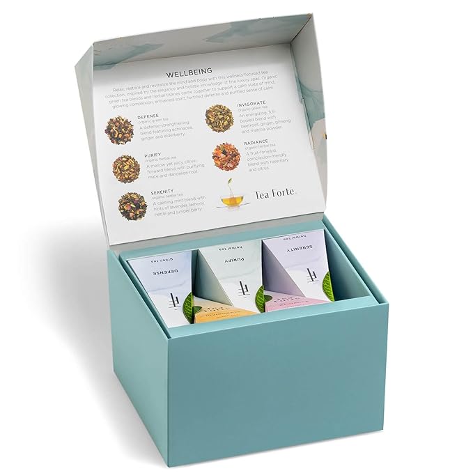 Tea Forte Wellbeing 3-Piece Mother's Day Tea Gift Set with Light Blue Cafe Cup with Lid, Tea Tray and 10 Assorted 2 of Each Variety Organic Handcrafted Pyramid Infuser Tea Bags