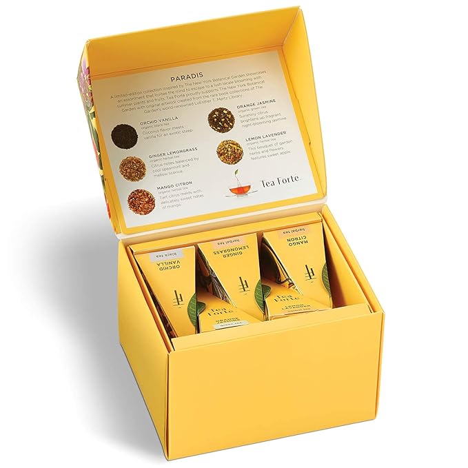 Tea Forte Paradis 3-Piece Mother's Day Tea Gift Set with Mango Yellow Cafe Cup with Lid, Tea Tray and 10 Assorted 2 of Each Variety Organic Handcrafted Pyramid Infuser Tea Bags