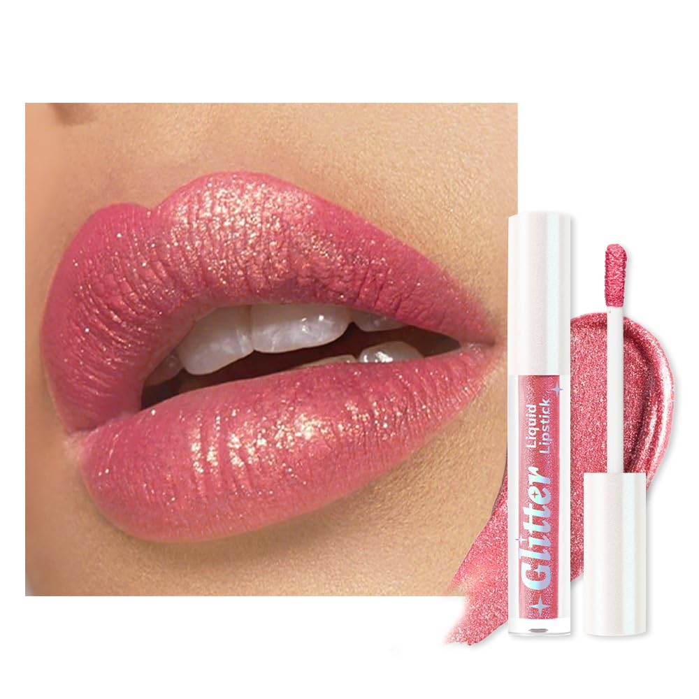 Nude Pink Metallic Lipstick for Women,Lightweight Glitter Sparkling Liquid Lipsticks,Shimmer Lip Gloss Stain Long Lasting Waterproof Smudge Proof Non-Drying 24 Hour Full Coverage Lip Makeup,Vegan
