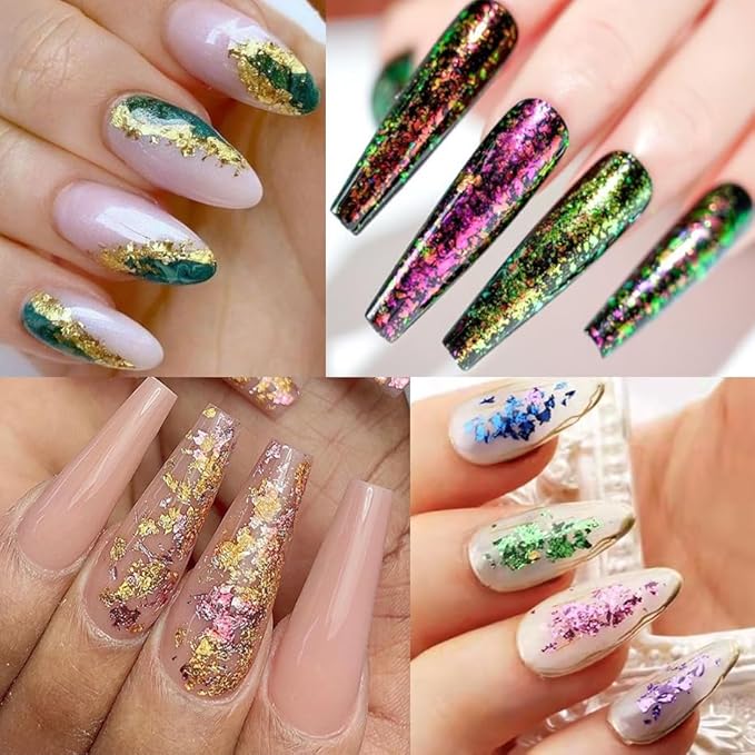 24Grid Aurora Opal Iridescent Nails Mermaid Flake Powder,Holographic Metal Color Gold Silver Confetti Nail Art Foil Paillettes,Irregular Glitter Sparkly Sequin Design for Manicure Decoration