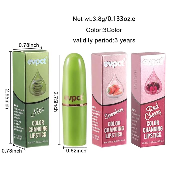 evpct 3Pcs Magic Color Changing Lipstick 24 Hours Original for Women Lasting Waterproof, Aloe Vera Strawberry Black Red Cherry PH Mood Permanent Hardpointing color changing Lipstick Tinted Lip balms