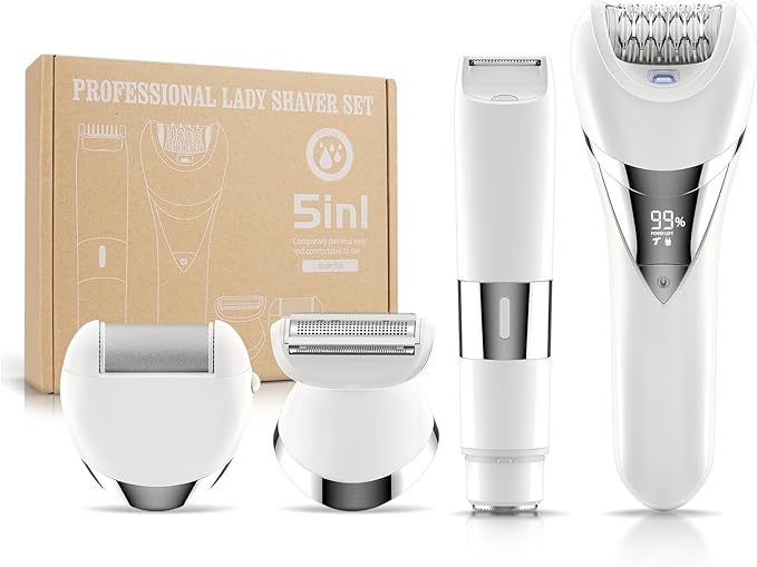 Electric Bikini Epilator for Women, 5 in 1 Hair Removal for Face, Chin, Arm, Leg, Armpit, Bikini Trimmer, IPX6 Waterproof, USB Rechargeable, Wet & Dry Lady Shaver,2 Speeds & 5 Cutter Heads