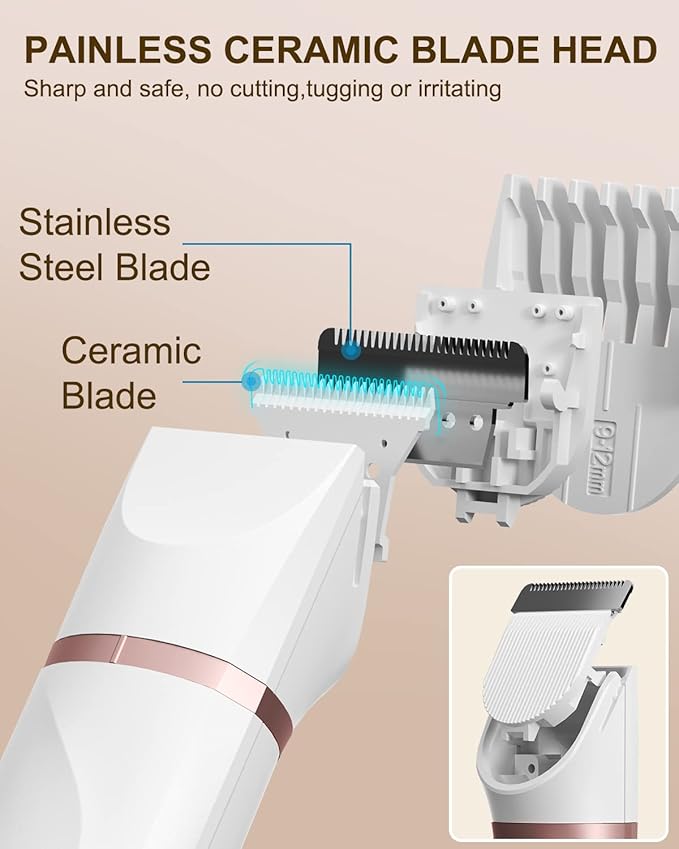 Bikini Trimmer Pubic Hair Trimmer for Women Legs Bikini Line Armpit Rechargeable Electric Shaver for Women Hair Removal with Snap-in Ceramic Blades IP7X Waterproof, White