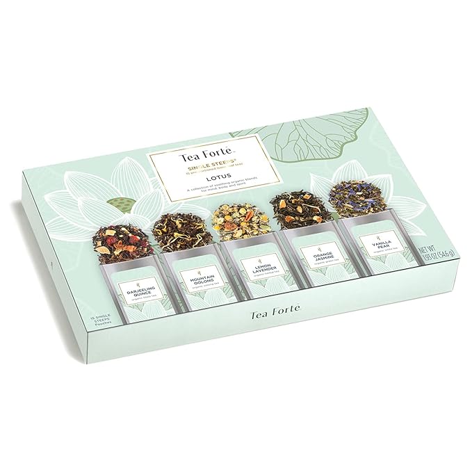 Tea Forte Lotus Single Steeps Loose Leaf Premium Mother's Day Tea Gift Set Sampler, 15 Count 3 of Each Assorted Blends, Pre-Portioned Single Serve Pouches, Steeps 12 oz