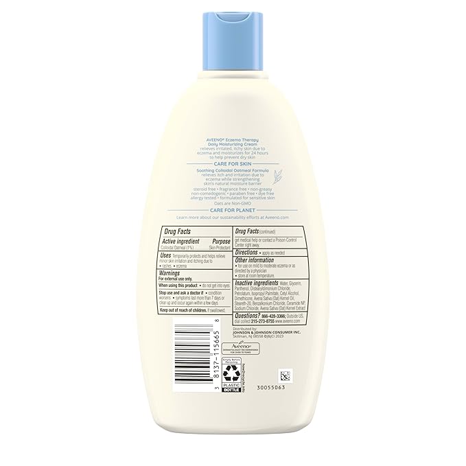 Aveeno Eczema Therapy Daily Moisturizing Body Cream for Sensitive Skin, Soothing Eczema Relief Cream, Colloidal Oatmeal & Ceramide for Dry & Itchy Skin, Steroid- & Fragrance-Free, 12 oz