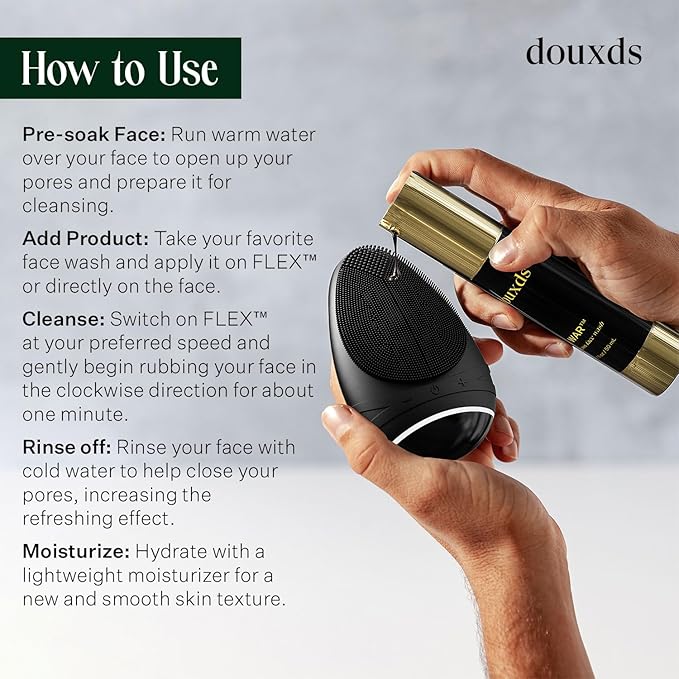 douxds Flex™ Pro Vibrating Face Brush, Electric Face Scrubber, Face Scrubber for Men, Flex™ Face Brush, Men's Skin Care, Powerful Sonic Technology, Removes Dark Marks and Bumps, Acne Treatment