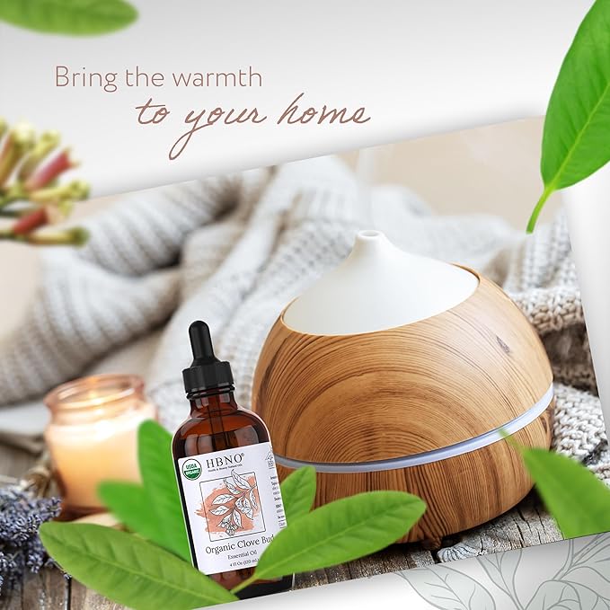 HBNO Organic Clove Bud Essential Oil - 4 oz (120ml) - USDA Certified Organic Clove Bud Essential Oil, Soap Making, DIY, Fragrances, Diffuser