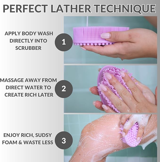 Avilana Silicone Body Scrubber – Gentle Shower Brush & Loofah Alternative- Food Grade & Lab Tested – Fast-Drying, Hygienic, BPA-Free Silicone Body Gentle Exfoliator (Lavender, Long Handle)