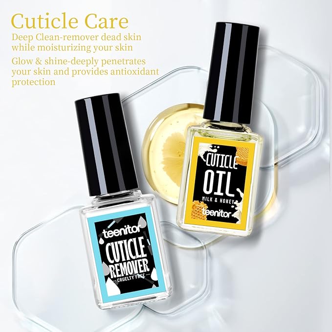 Teenitor Cuticle Remover Cuticle Remover Kit, Nail Care Kit with Cuticle Remover Cuticle Oil Nail File Nail Buffer Cuticle Pusher, Cuticle Peeler Scraper, Manicure Care Tools Milk and Honey