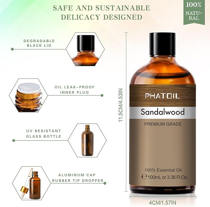 100ML Sandalwood Essential Oil, Pure Aromatherapy Essential Oils for Diffuser, Humidifier, Relax, Scented Oils for Soap, Candle Making, Huge 3.38fl.oz Bottle