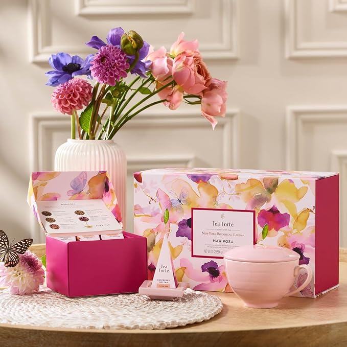 Tea Forte Mariposa 3-Piece Premium Mother's Day Tea Gift Set with Rose Pink Cafe Cup and Lid, Tea Tray and 10 Count Mini Presentation Box, 2 of Each Blend Handcrafted Pyramid Infuser Tea Bags