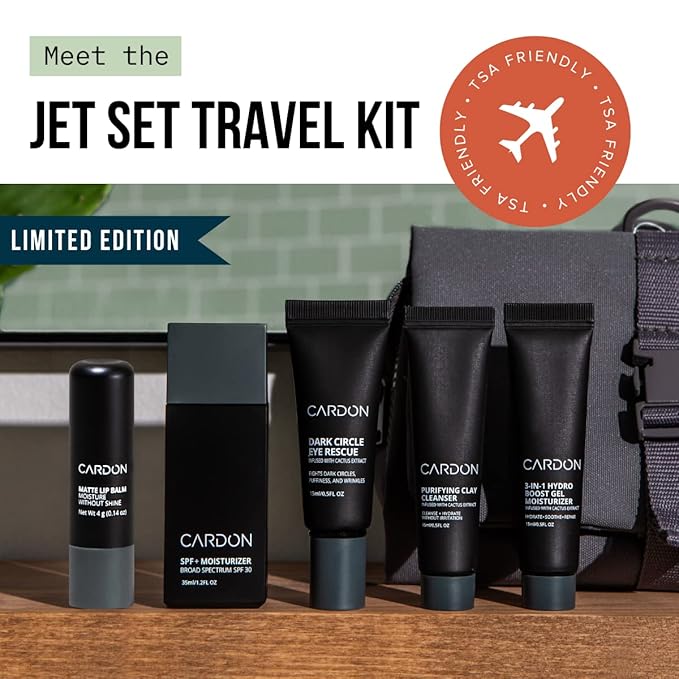 Cardon Jet Set Travel Sized Mens Skin Care Kit, Cactus Based Korean Skin Care Men, Includes SPF Sunscreen Moisturizer, Dark Circle Eye Rescue Cream, Clay Cleanser, 3-in-1 Hydro Gel, Lip Balm- Gift Set