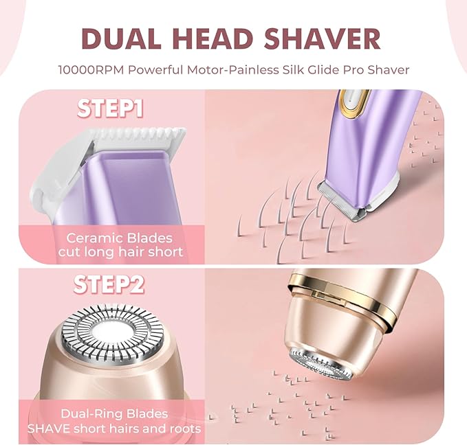 2 in 1 Bikini Trimmer for Women, Dual Head Electric Razor, IPX7 Waterproof Wet/Dry Use Women Electric Shaver, Painless Body Facial Hair Remover for Bikini Legs Arm Underarm, (Lavender)