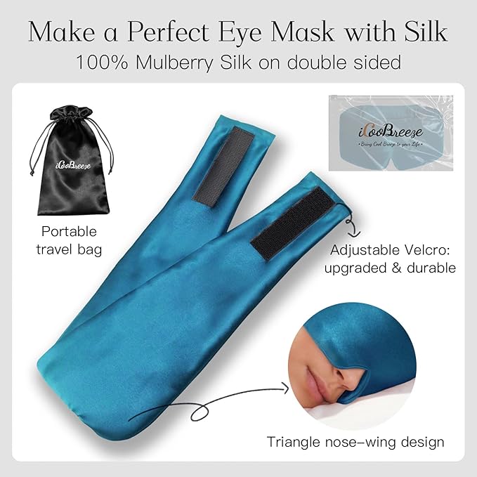 100% Natural Silk Eye Mask for Women Men, Soft Pressureless Cooling Blackout Eye Covers for Sleeping, Large Size Sleep Mask fits All Heads Adjustable, 1PC, Vivid Blue