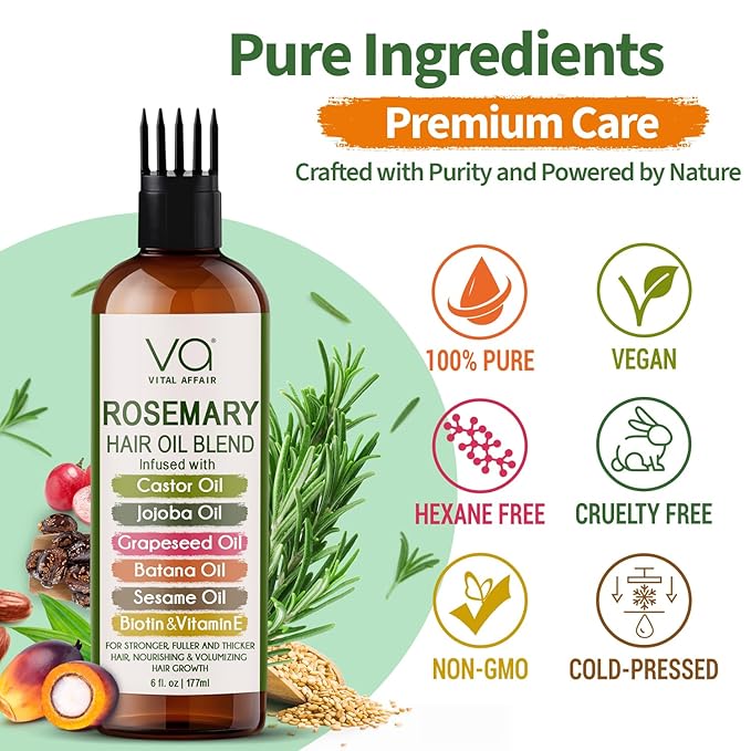 Blend Of Pure Rosemary Oil For Hair Growth With Castor, Batana, Jojoba Oil-Infused With Biotin & Vitamin E-Blend of Effective Hair Oils for Hair Growth-Strengthening Treatment 6 Fl Oz