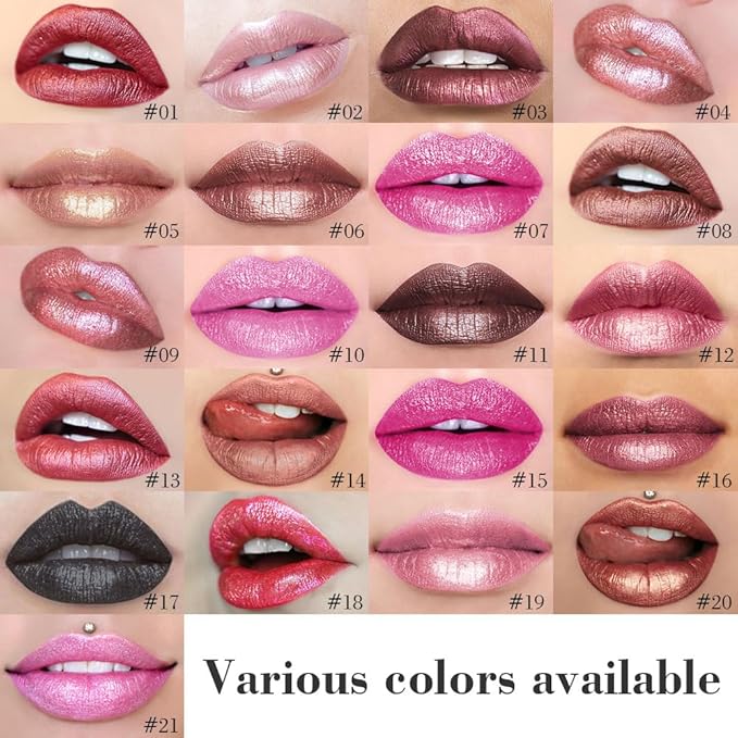 evpct Pine Red Metallic Glitter Lip Liner and Lipstick Combo Lip Gloss Stain Set Makeup for Women Long Lasting Waterproof 24, Warm Pink Metallic Shimmer Frosted Iridescent Shiny Liquid Lipstick 09