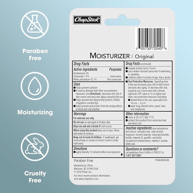 ChapStick Lip Moisturizer, Original 2-in-1 Lipcare SPF 12 3-Packs (12 Sets/36 Tubes) – Bulk Lip Balm, New Formula, 0.15 Oz Ea