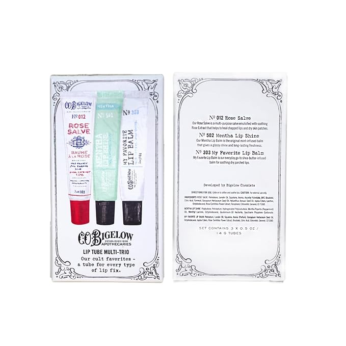 C.O. Bigelow Lip Balm Tube Trio, Variety Pack includes Rose Salve, My Favorite Lip Balm, Mentha Lip Shine, Moisturizing Lip Balms, 3 Pack, 0.5 oz Each