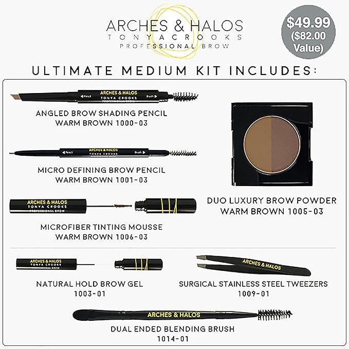 Arches & Halos - Ultimate Brow Hero Kit - Eyebrow Styling Makeup Kit, Pencil, Gel, Shading, Powder, Mousse, Natural and Bold Precise Brow Shaper - Hypoallergenic, Vegan - 7 Pc Kit, Medium