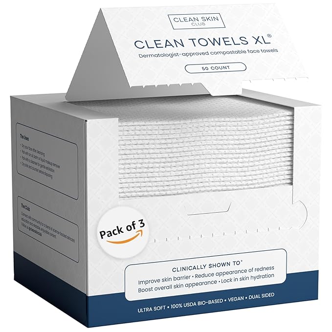 Clean Skin Club Clean Towels XL, USDA Certified 100% Biobased Dermatologist Approved Disposable Face Towelette, Facial Washcloth, Makeup Remover Dry Wipes, Ultra Soft, 150 count, 3 pack