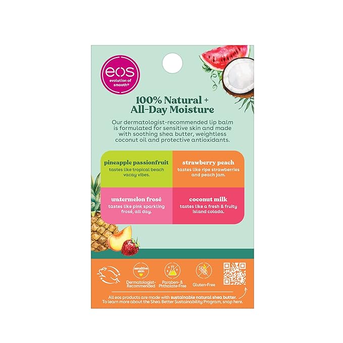 eos 100% Natural Variety Pack Lip Balm Sticks, Coconut Milk, Watermelon Frose, Pineapple Passionfruit, & Strawberry Peach, Lip Care, Pack of 4