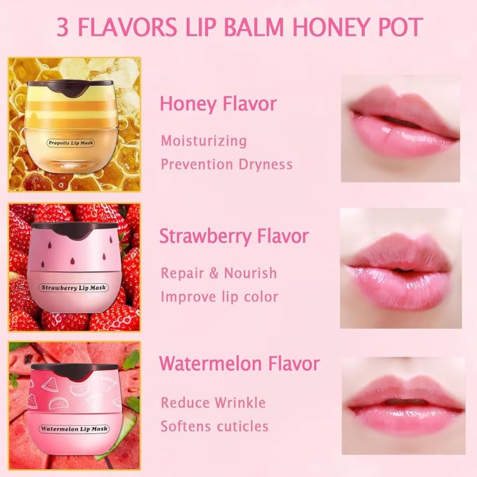 3 PCS Bee Lip Mask Honey Pot Lip Balm,Strawberry Watermelon Lip Mask Overnight Hydrating Dry and Crack Lip Scrubs Exfoliator Propolis Lip Sleeping Mask (Strawberry & Watermelon & Honey)