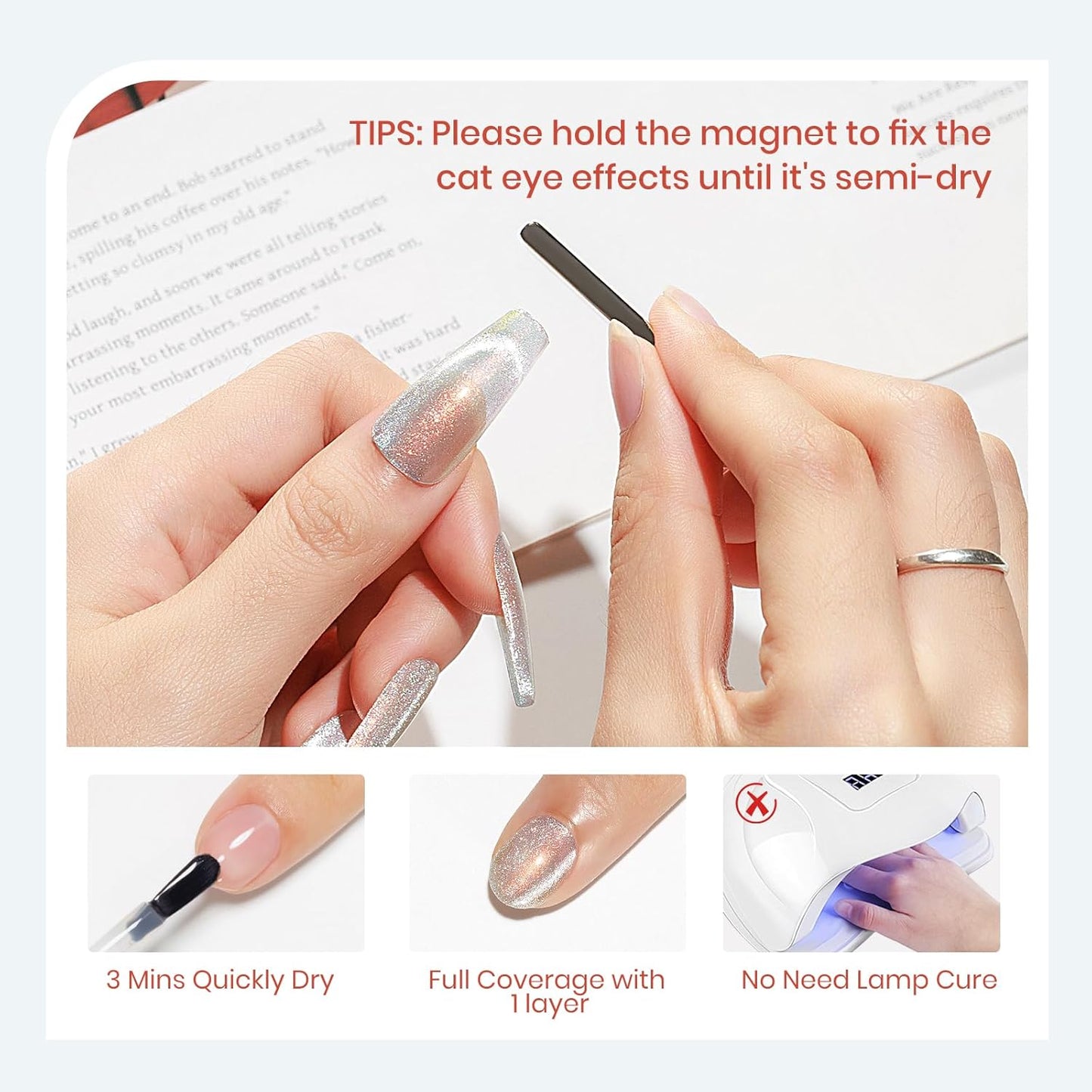 Aurora Silver Magnetic Nail Polish Non Gel with Magnet Quick Dry Cat Eye Nail Polish for Fingernail Air Drying Fast Lacquer Manicure Gift For Women Girls 16ml, 0.54fl oz