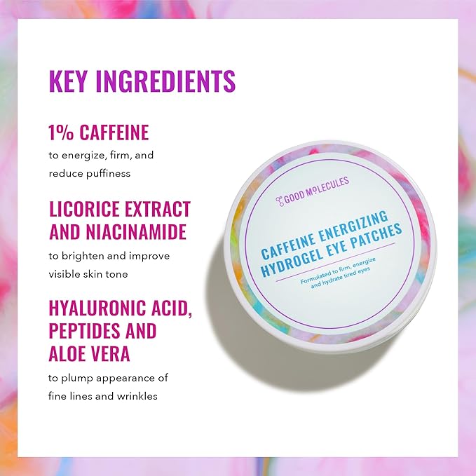 Good Molecules Caffeine Energizing Hydrogel Eye Patches - Eye Mask with Hyaluronic Acid Hydrate and Reduce Puffiness - Pack of 30, Skincare for Face
