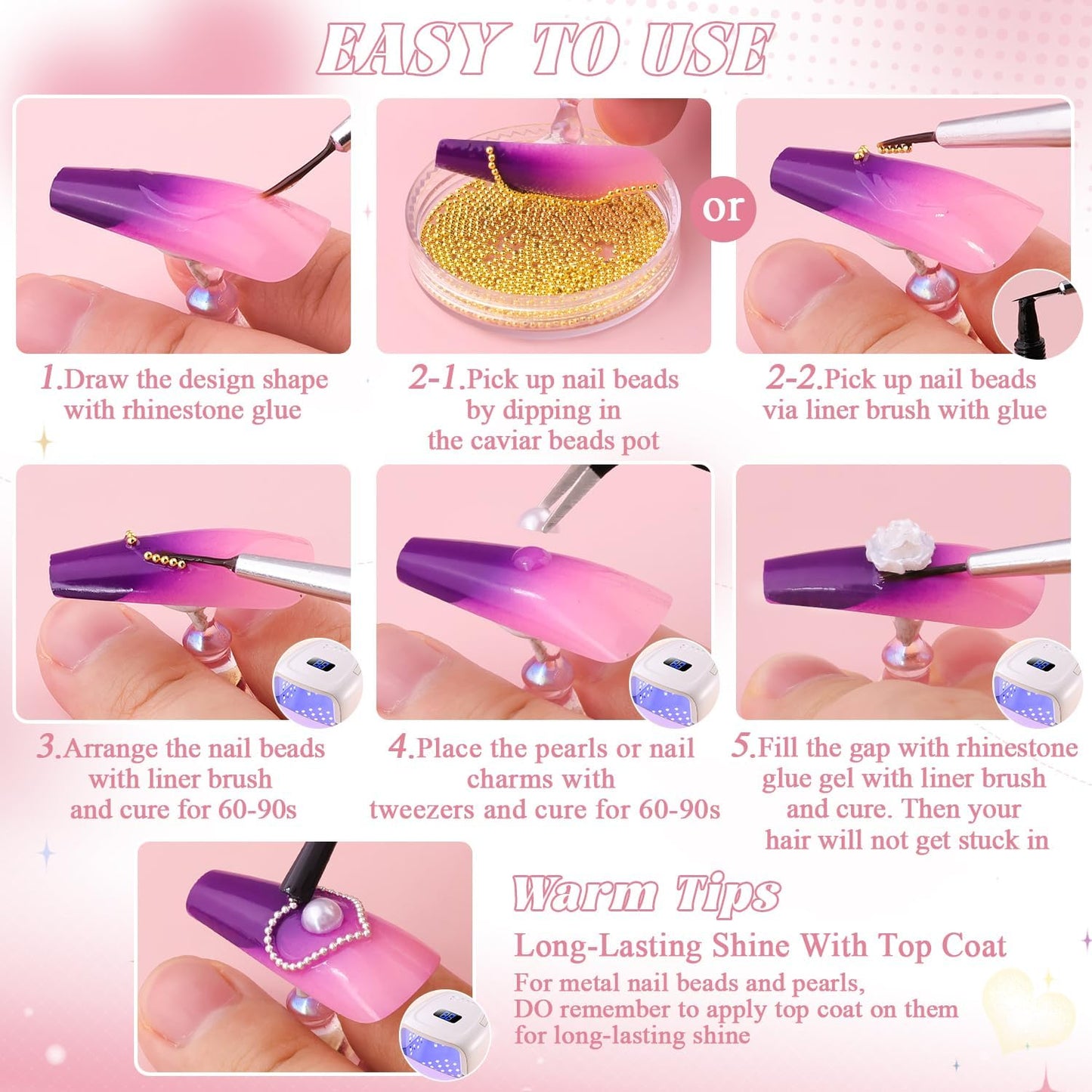 Flatback Pearls and 3D Flowers with Rhinestones Glue Gel for Nail Art, Pearl and Flower Nail Charms with Mini Round Caviar Beads