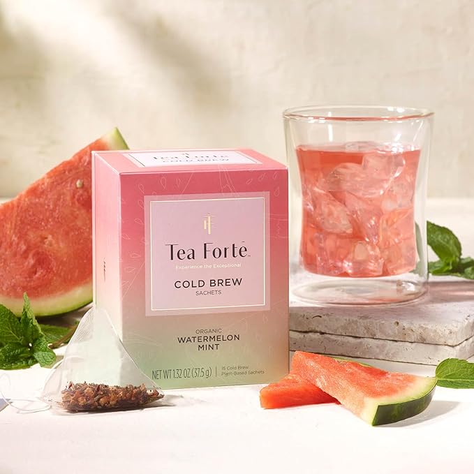 Tea Forte Watermelon Mint Cold Brew Iced Tea, Organic Caffeine Free 15 Sachet Infuser Tea Bags, Steeps in Cold Water