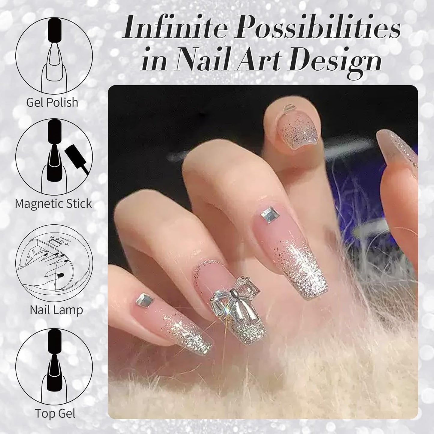 Born Pretty Cat Magnetic Eye Gel Nail Polish, Silver Platinum Cat Magnetic Gel, Sparkle Glitter Magnetic Soak Off U v Nail Gel Diy Art Manicure Nail Salon Varnish 15ML