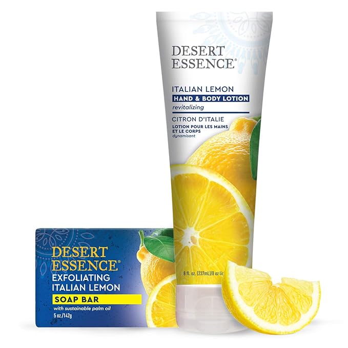 Desert Essence Italian Lemon Hand & Body Lotion - 8 Fl Ounce - Energizing - Shea Butter - Coconut & Jojoba Oil - Hydrate & Soften Skin - Refreshing - Aloe Vera