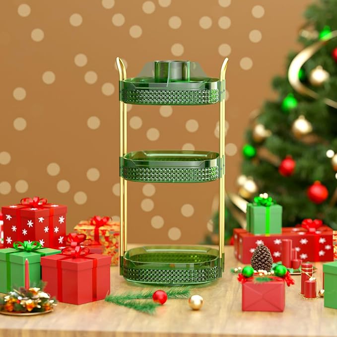 Awenia Rotating Makeup Organizer 360, Stackable Adjustable Large Capacity Cosmetic Storage Unit,Dresser Bathroom Kitchen Countertop Organizer with Metal Handle, Plus Size (Gem Green, 3 Tier)