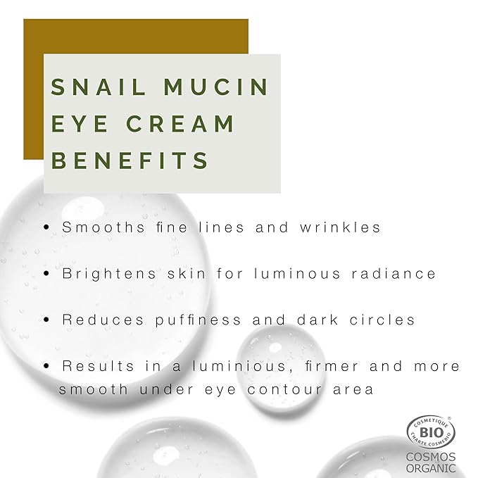 100% Pure Snail Mucin Eye Cream, Certified Organic & Cruelty Free, Made In France. Natural Luxury Eye Cream, .50 oz.