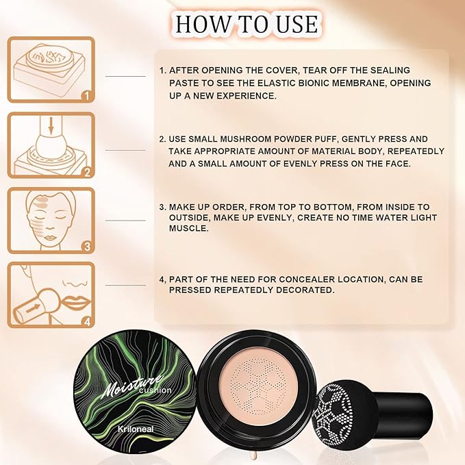 CC Cream Foundation Mushroom Head Air Cushion Face Makeup Moisturizing Concealer Waterproof Oil Control Long-Lasting Nude Makeup Even Skin Tone for All Skin Types(Ivory White)