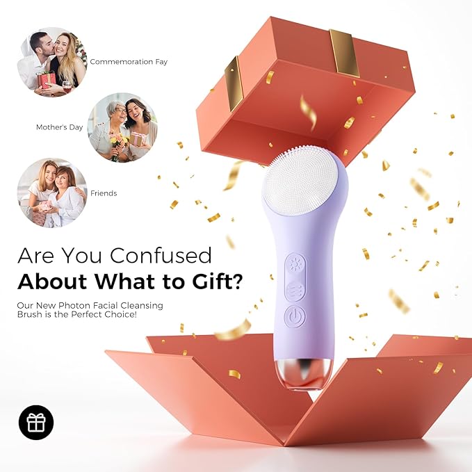Facial Cleansing Brush: Rechargeable LED Electric Face Cleansing Brush with 4 Gentle Light Liquid Silicone Modes Face Scrubber Exfoliator,IPX7 Waterproof Ideal Gift for Men and Women-Purple