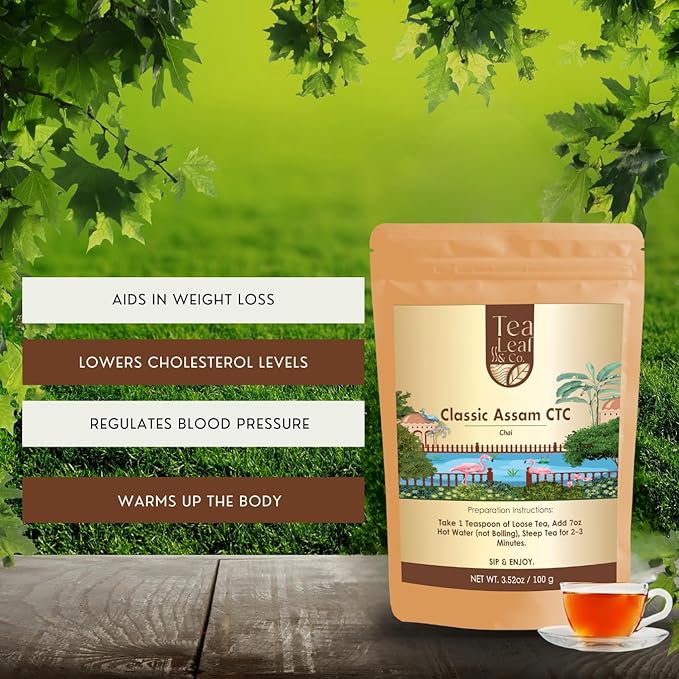 Tealeaf & Co. Classic Assam CTC Chai - 100% Pure Loose Leaf Black Tea - Low Caffeine Premium Tea - Upto 50 Servings (3.52oz/100gm)