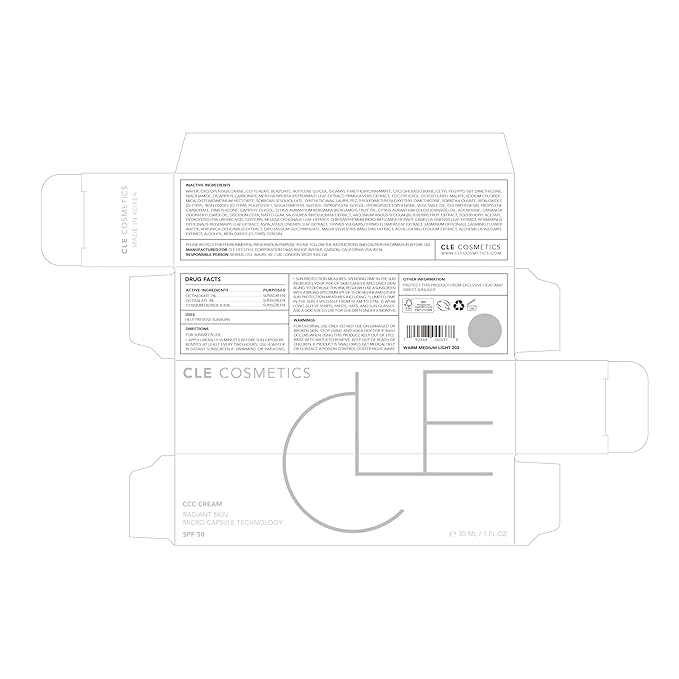 CLE Cosmetics CCC Cream (Warm Medium Light 203 / SPF 50) - Color Correcting CC Cream with Sunscreen - Lightweight, Hydrating, Light to Medium Coverage Foundation - BB & CC Hybrid - 1 fl oz
