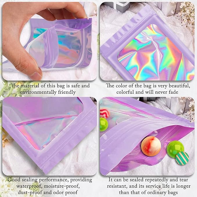 100 Pack Holographic Bags, Packaging Bags, Clear Window Resealable Odor Foil Pouch Bag for Food Storage and Lipgloss, Jewelry Lash (Purple, 4 x 6 Inch)